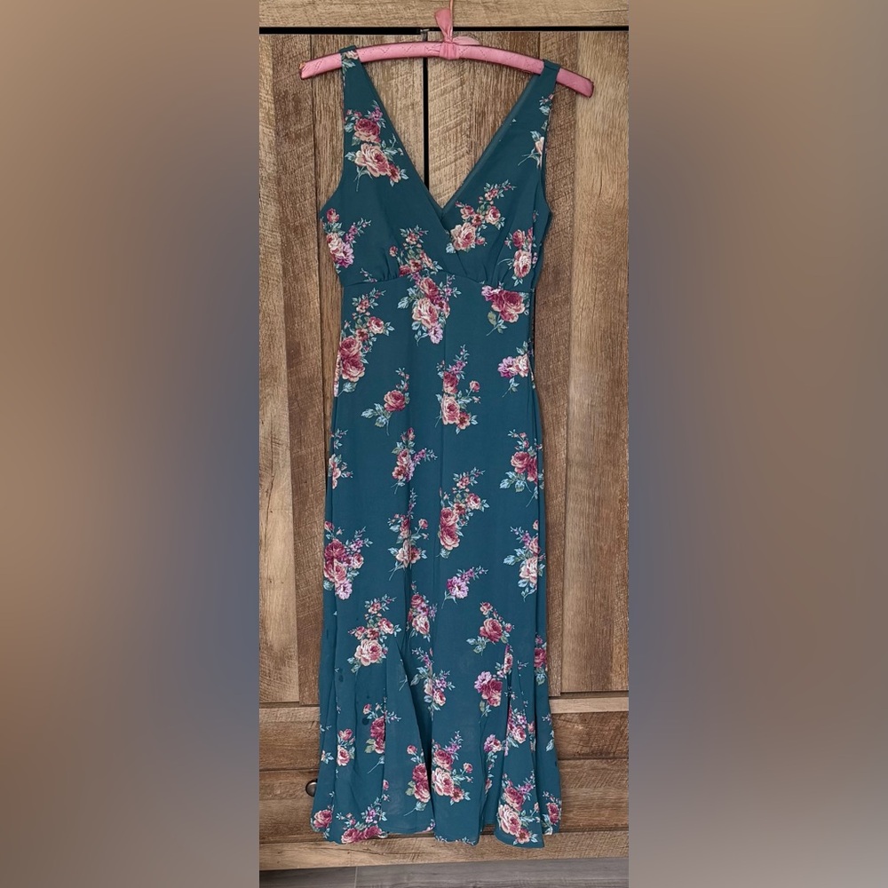 Rewind Teal Floral Maxi Dress with Ruffled Flared Bottom Size XS
